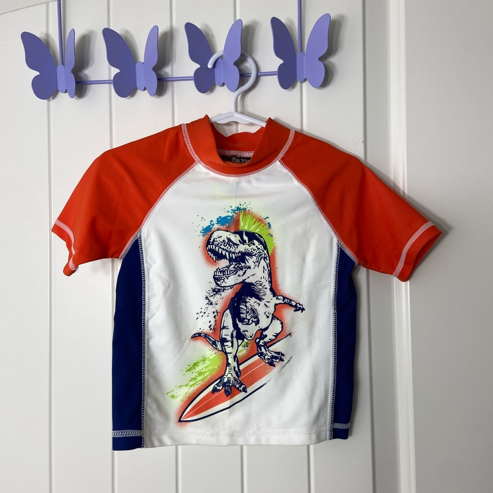 NEW Epic Threads toddler boy’s orange dinosaur surf‎ beach swim shirt stretch 2T